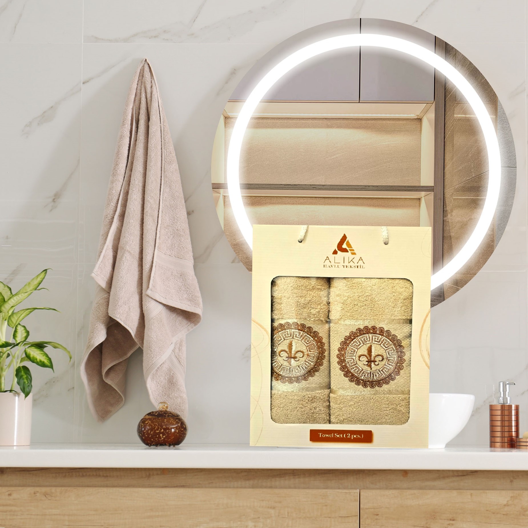 Round mirror over vessel sink in stylish bathroom interior